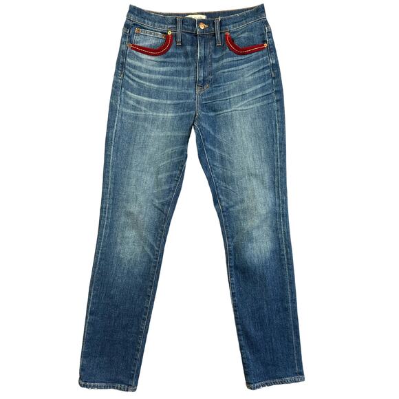 Madewell High-Rise Slim Boyjean Womens 27 Medium Wash Red Accent Pockets Western - Picture 1 of 16